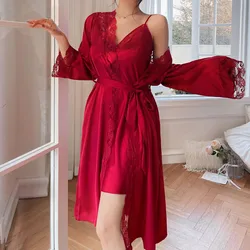 Bruid Bruiloft Gewaad Set Bourgondië Sexy Kant Nachtjapon Nachtkleding Pak Zomer Vrouwen Badjas Gown Casual Satin Kimono Thuis Jurk