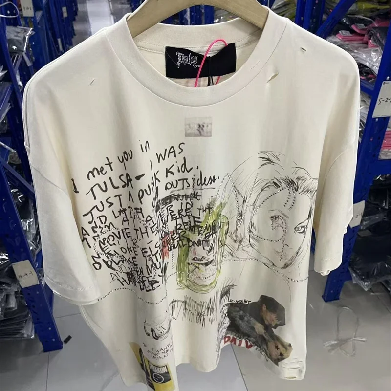 

Graffiti Printed Patterned Distressed Apricot T-shirt Paly Premium Quality Hip-Hop Cotton Men's Women's High Street T shirt