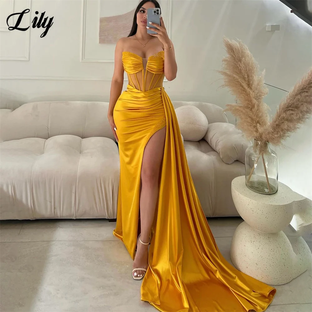 Lily Fuchsia Prom Dress Sweetheart Sleeveless Evening Dress With Sheer Corset Satin Party Dress Sexy Side Split Trumpet 프롬드레스
