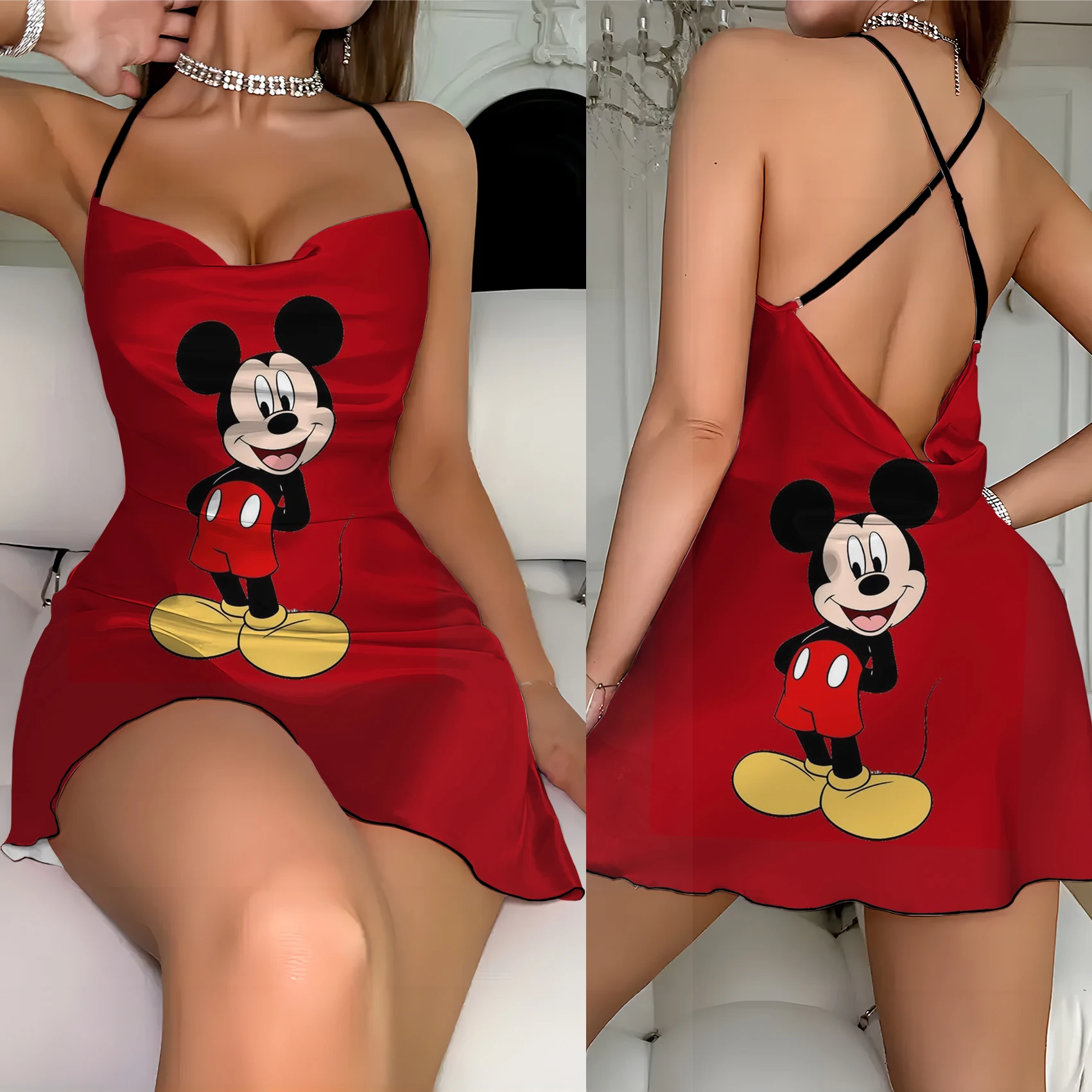 

Crew Neck Disney Slip Dress Fashion Summer Dresses 2024 Mickey Lettuce Trim Minnie Mouse Elegant Women Backless Neck Dress Home