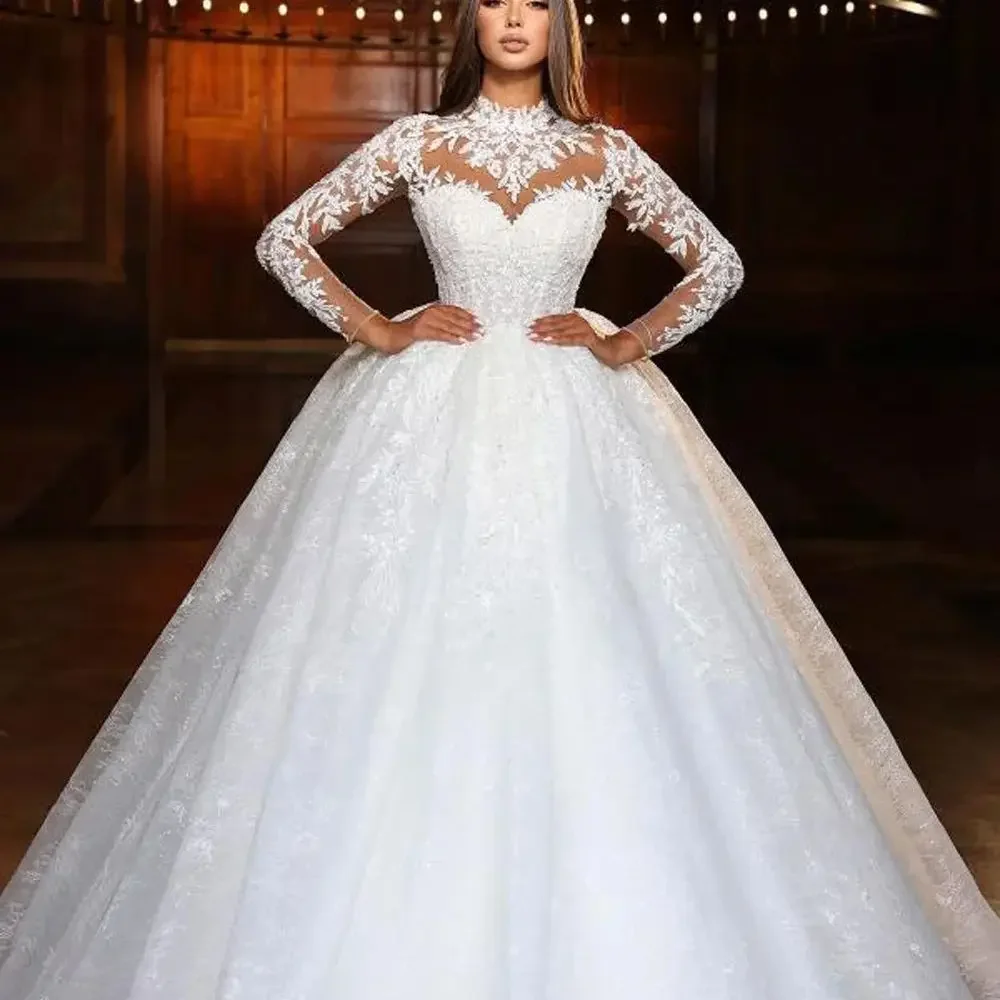 

Customized Luxury Lace Sequin Princess Wedding Dresses Appliques High Neck Full Sleeves A Line Bridal Gowns Vestido De Novia