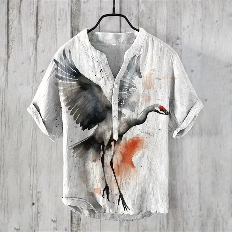 Men's Linen V-neck Shirt Hawaiian Men's T-shirt 2024 New 100% Linen Shirt HD Pattern Plus Size White Crane Landscape Painting