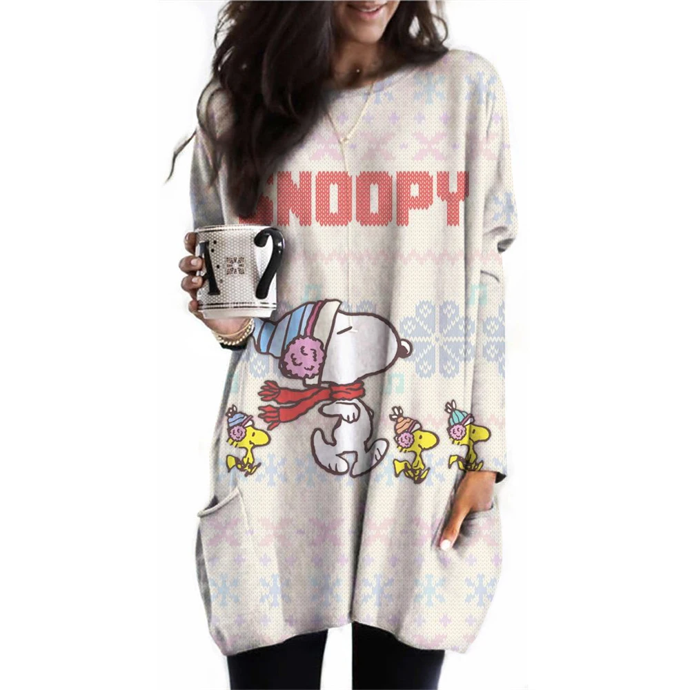 2024 Autumn Women\'s Fashion Women\'s Top Snoopy Printed Pocket T-shirt Loose Casual Round Neck Long Sleeve T-shirt