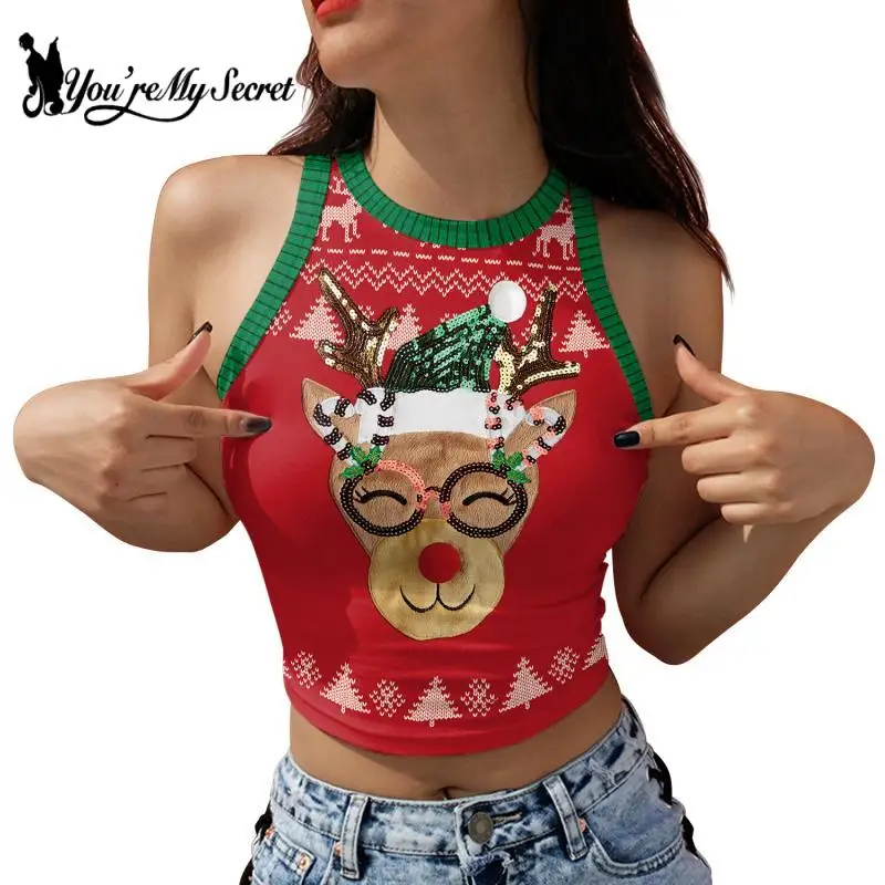 [You're My Secret] Christmas Snowman Elk Print Crop Top Sexy Y2K Vest Women Sleeveless Shirts Cartoon Xmas Tank Tops Streetwear