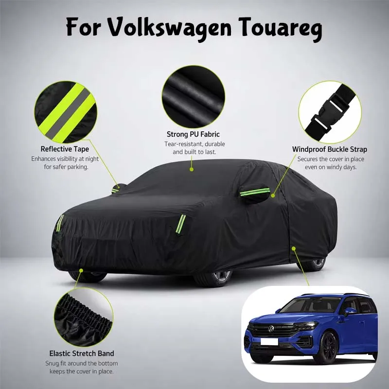 For Volkswagen Touareg Waterproof Full Car Cover Side Door Zipper Reflective Strips Windproof Buckle All-Weather Protection