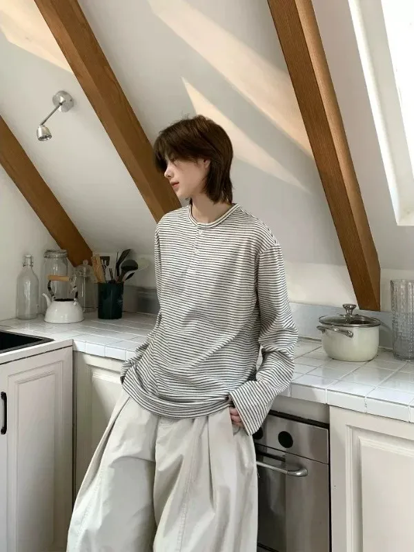 Casual Striped Long Sleeve Unisex Henry Collar Top for Couples Comfortable Breathable Polyester Fiber Versatile Streetwear