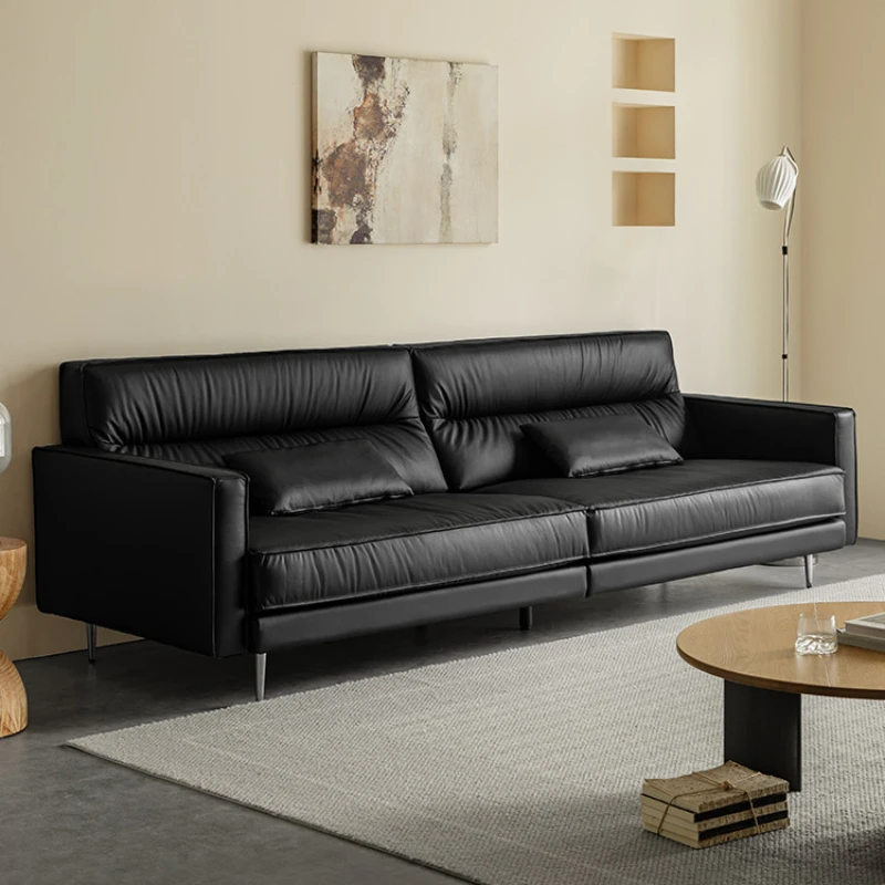 

Black full leather sofa Italian minimalist living room high backrest top layer cowhide three person straight row sofa