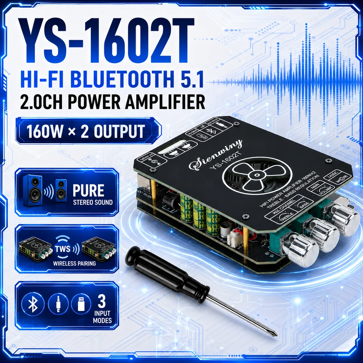 Bluetooth Amplifier Board YS-1602T 160W×2 Stereo TWS HiFi Amp TWS AUX USB Stereo 2 Channel DIY Speaker Audio Amp