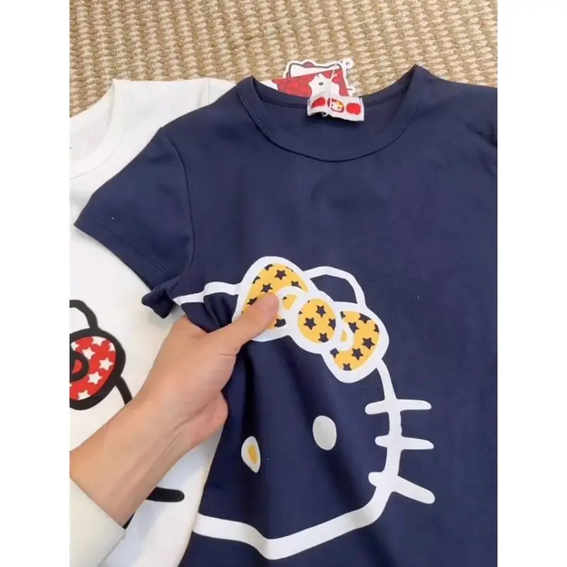 

2026 New Hello Kitty Bow Short Sleeved T-Shirt for Women In Spring and Summer Slim Fit and Slimming Design Versatile Top Trend