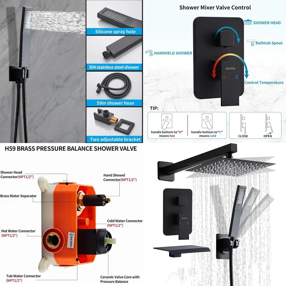 نظام دش أسود غير لامع مثبت على الحائط مقاس 10 بوصات مع صنبور حوض استحمام ورأس دش مطري ومجموعة محمولة بثلاثة إعدادات #1