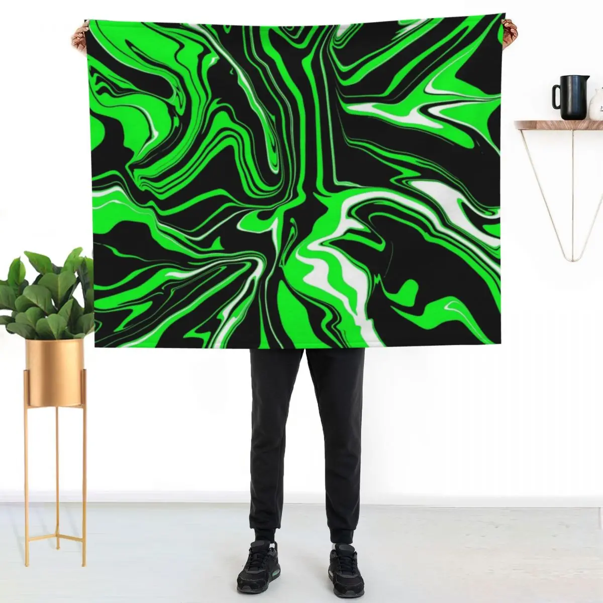 Lime Green, Black and White Abstract Melt Throw Blanket Plaid on the sofa Moving Softest Hairy Cute Plaid blankets ands Blankets