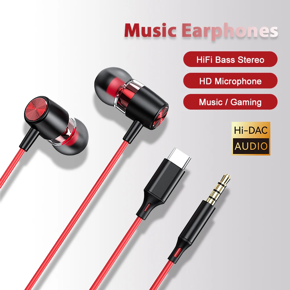 Wired Headphones Type C 3.5mm With Microphone Metal Earphones HiFi Surround Sound in-Ear Music Headset For Samsung Galaxy iPhone