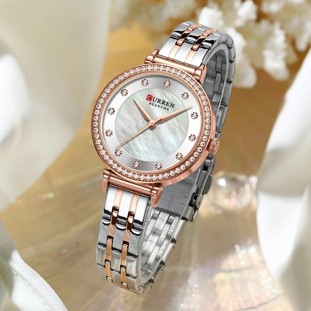 CURREN 9087 Luxury Slim Women's Watch Two Tone Stainless Steel Band Mother of Pearl Dial with Rhinestones Elegant Quartz Watch