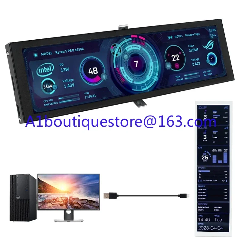 8.8 Inch IPS Secondary Screen USB Type C Connect NO HDMI-compatible LCD 1920x480 Monitor CPU RAM Sub-Screen NO AIDA64