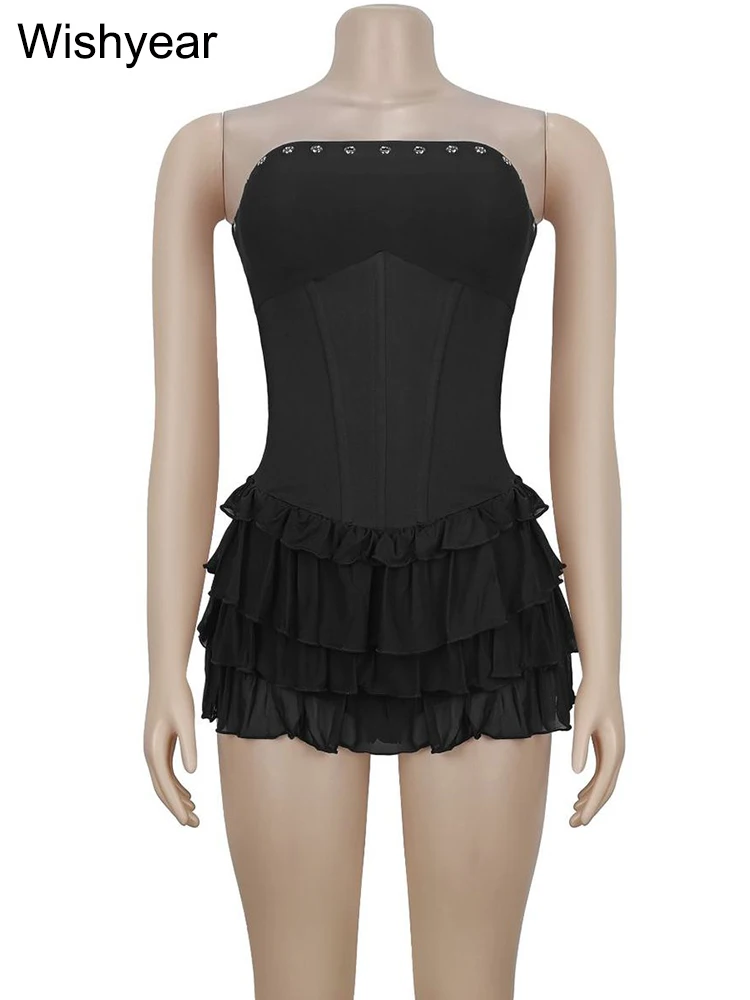 Wishyear vestido plissado sem alças para mulheres sexy sem mangas em camadas babados linha a mini vestidos elegantes noite de aniversário clubwear