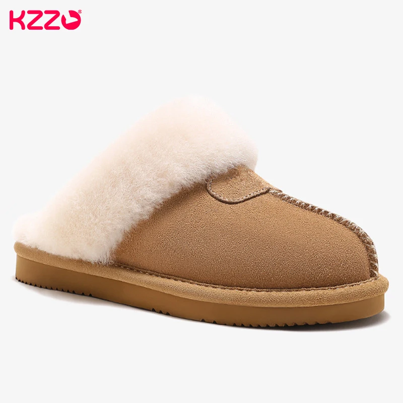 KZZO Natural Sheepskin Fur Slippers Fashion Female Winter Women Warm Indoor Slippers Top Quality Soft Wool Lady Home Shoes