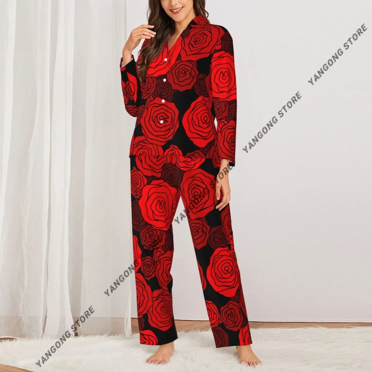 Women Sleepwear Pajamas Red Rose Long Sleeve Pijama Female Set Negligee Cardigan Suit