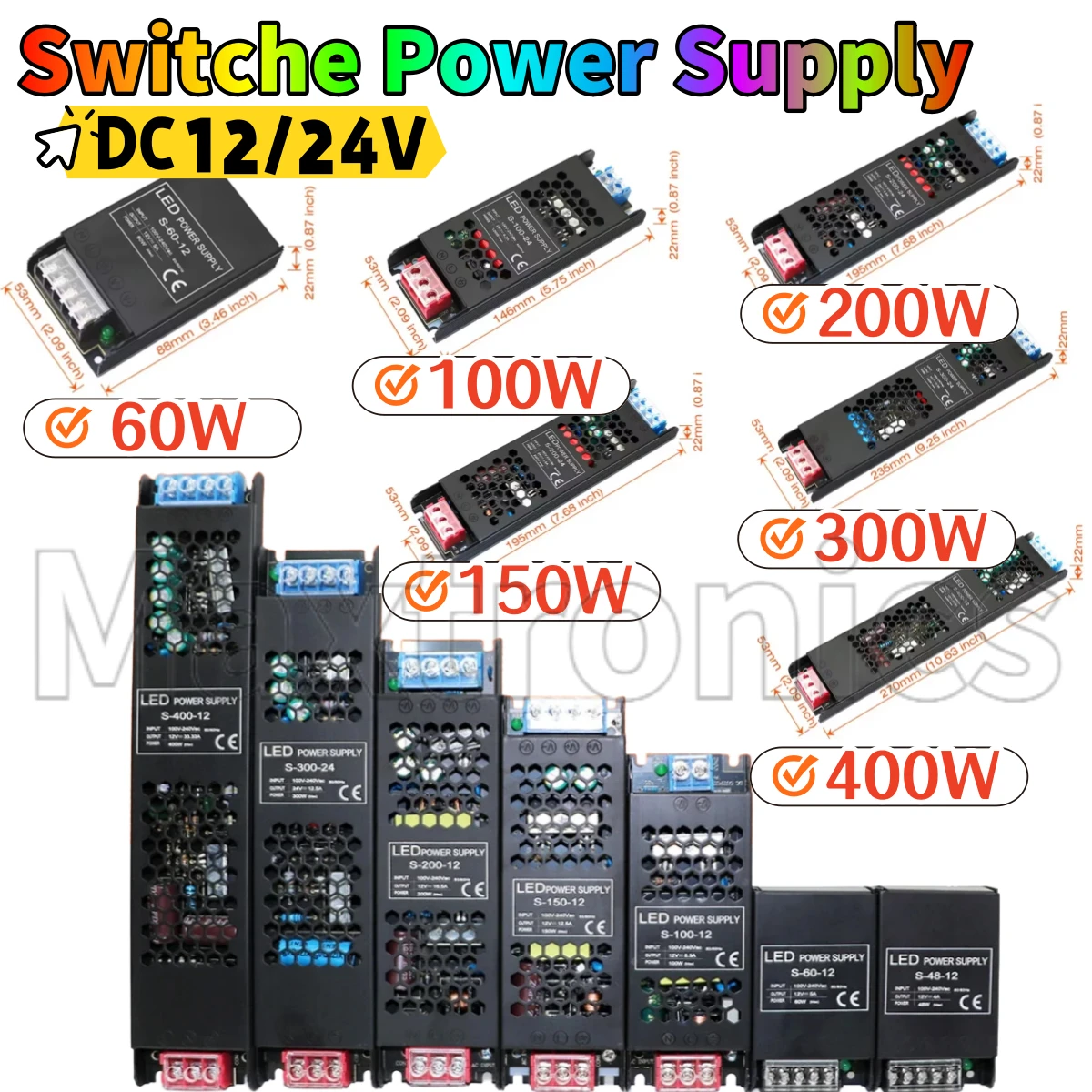 

NEW 60/100/150/200W 300W 400W Ultra Thin Driver Constant Voltage Power Supply DC12/24V Lighting Transformers for LED Lamp Strips