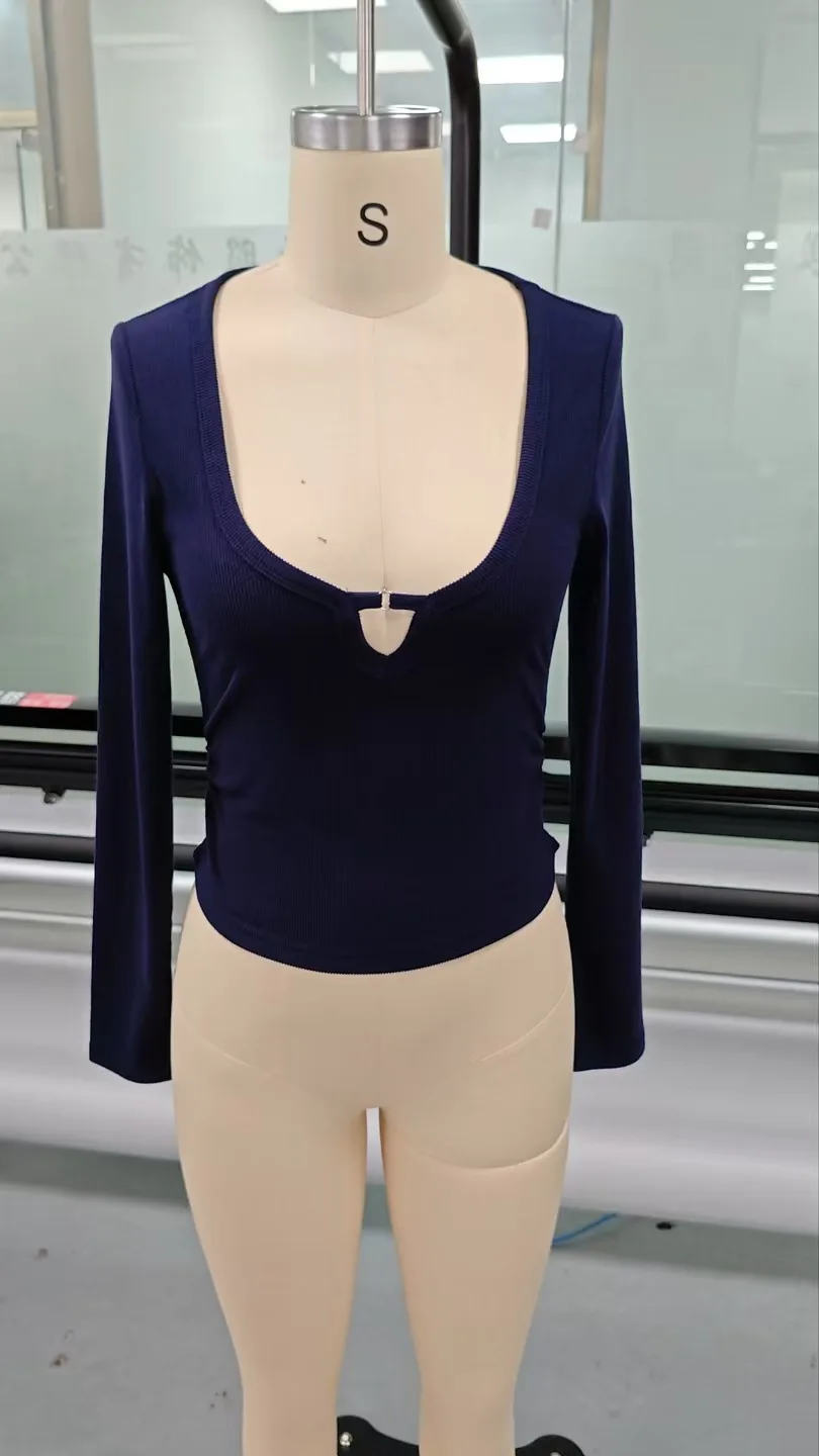 2025 Herbst Winter Neue Mode Damen Tops T-Shirt V-Ausschnitt aushöhlen Sexy und modische Slim Fit Langarm Y2k Kleidung – Detail 2