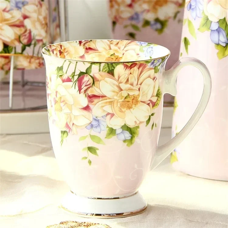 Bone China Coffee Mugs, Floral Painting, Breakfast Milk, Flower Tea, Water Cup, Ceramic Vintage Goblet, Present Porcelain