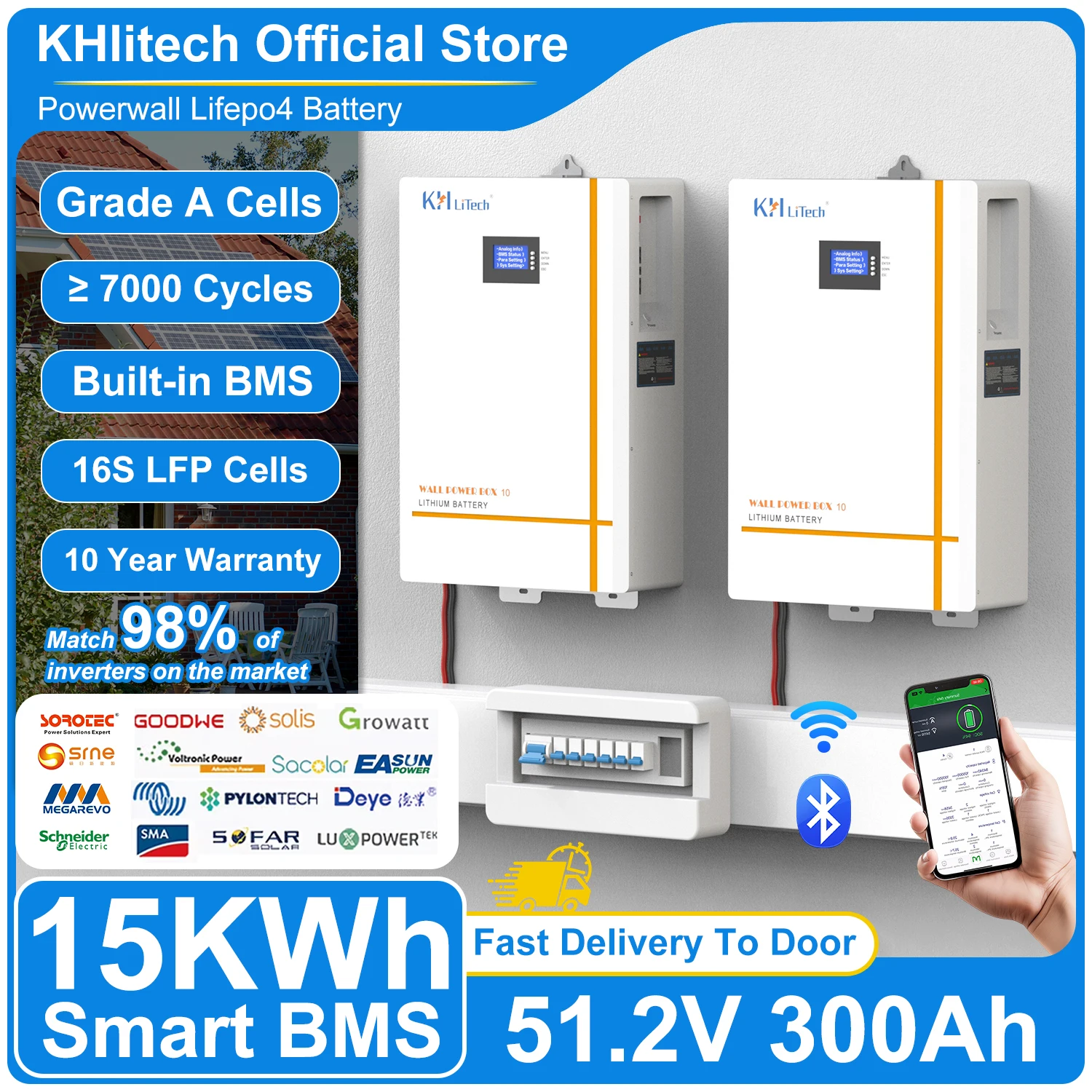 51.2V 15KWh Powerwall 300Ah LiFePO4 Battery Pack 6000 Cycle 48V Lithium Iron Phosphate Pack Buitl-in BMS CAN RS485 EU Tax Free