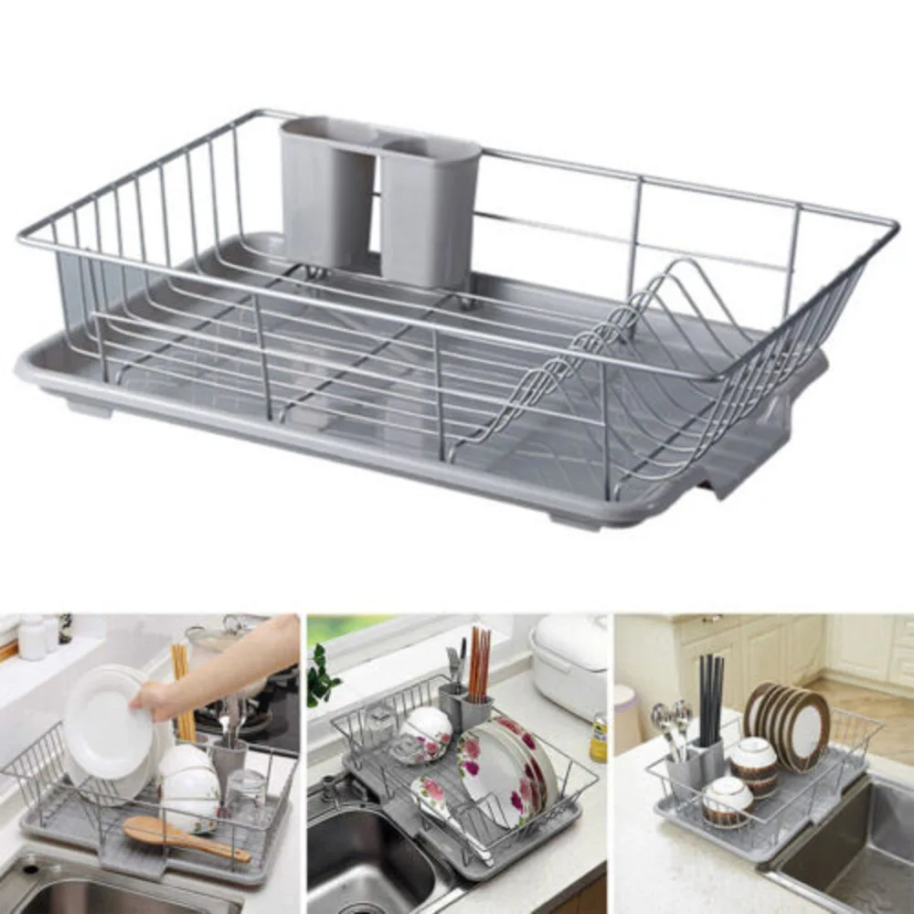 Large Dish Drying Rack Drainer Kitchen Sink Plate Draining Tray Cutlery Holder