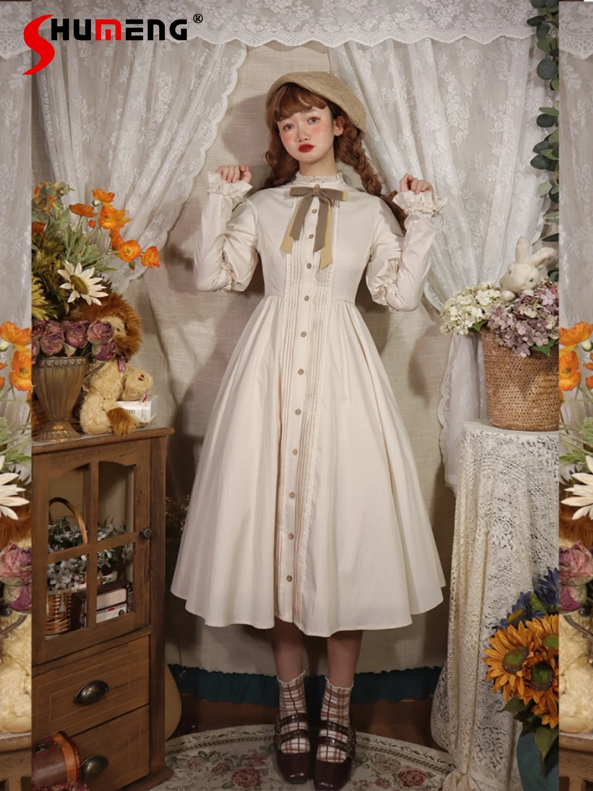 Vintage Elegant Lolita OP Dress Lace Splicing Stand Collar Ruffles Long Sleeve High Waist A-line Single-breasted Dress Women