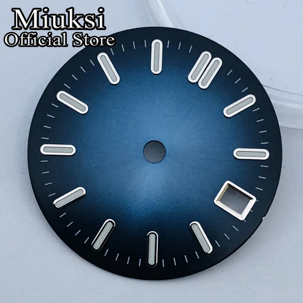 Miuksi 29mm sterile dial black blue green silver watch dial luminous fit NH35 movement fit 3 o\'clock crown 3.8 o\'clock crown