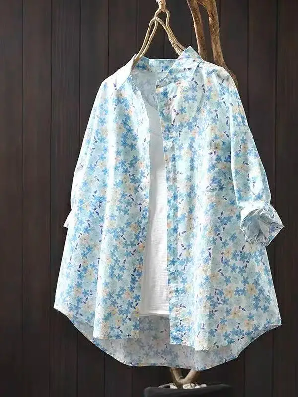 قميص نسائي صيفي 2025 من القطن الخالص بأكمام قصيرة وطبعة زهور، تصميم فضفاض وعصري، قميص تنحيف رقيق بياقة بولو أنيقة للارتداء ال...