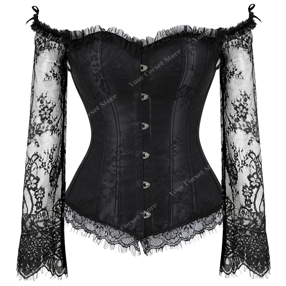 Sexy Corset with Sleeve Gothic Corsets Vintage Lace Bustier Top Women Black Wedding Corset Top Off Shoulder