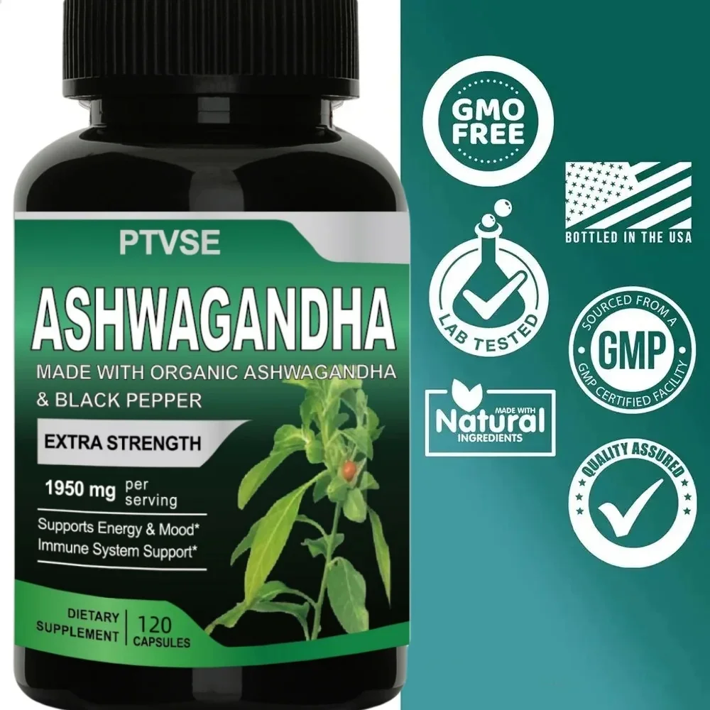 

Pure Organic Ashwagandha Root Extract Capsule 1950mg Supplement Help Stress, Focus, Brain, Energy Support Sleep Health