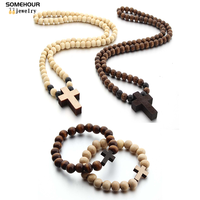 SOMEHOUR Vintage Cross Pendant Necklace Bracelet 45cm Round Wood Beads Chains Rosary Religious Accessories Jewelry For Women Men