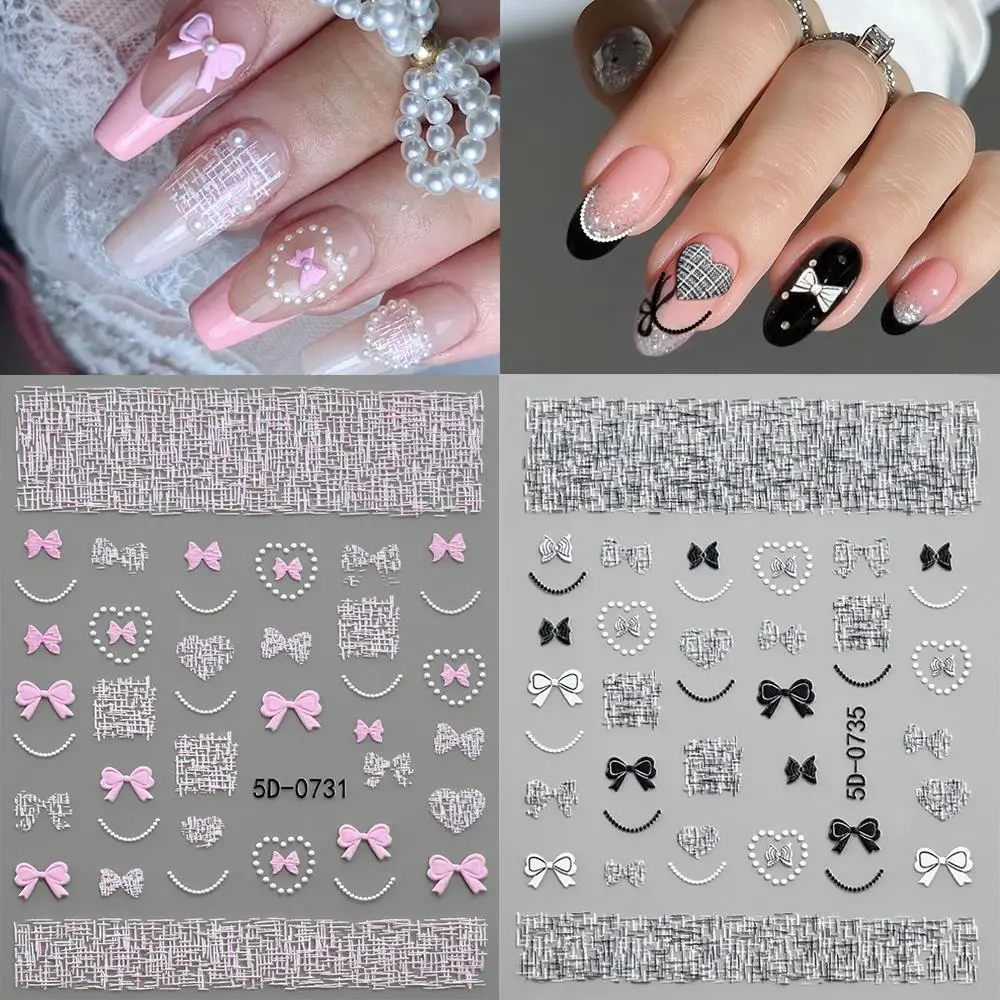 

1/2 шт. 5D розово-черные вязаные наклейки для ногтей с бантом и сердечками, элегантные французские жемчужные цепочки, клетчатые наклейки для ногтей, милый клетчатый декор для маникюра
