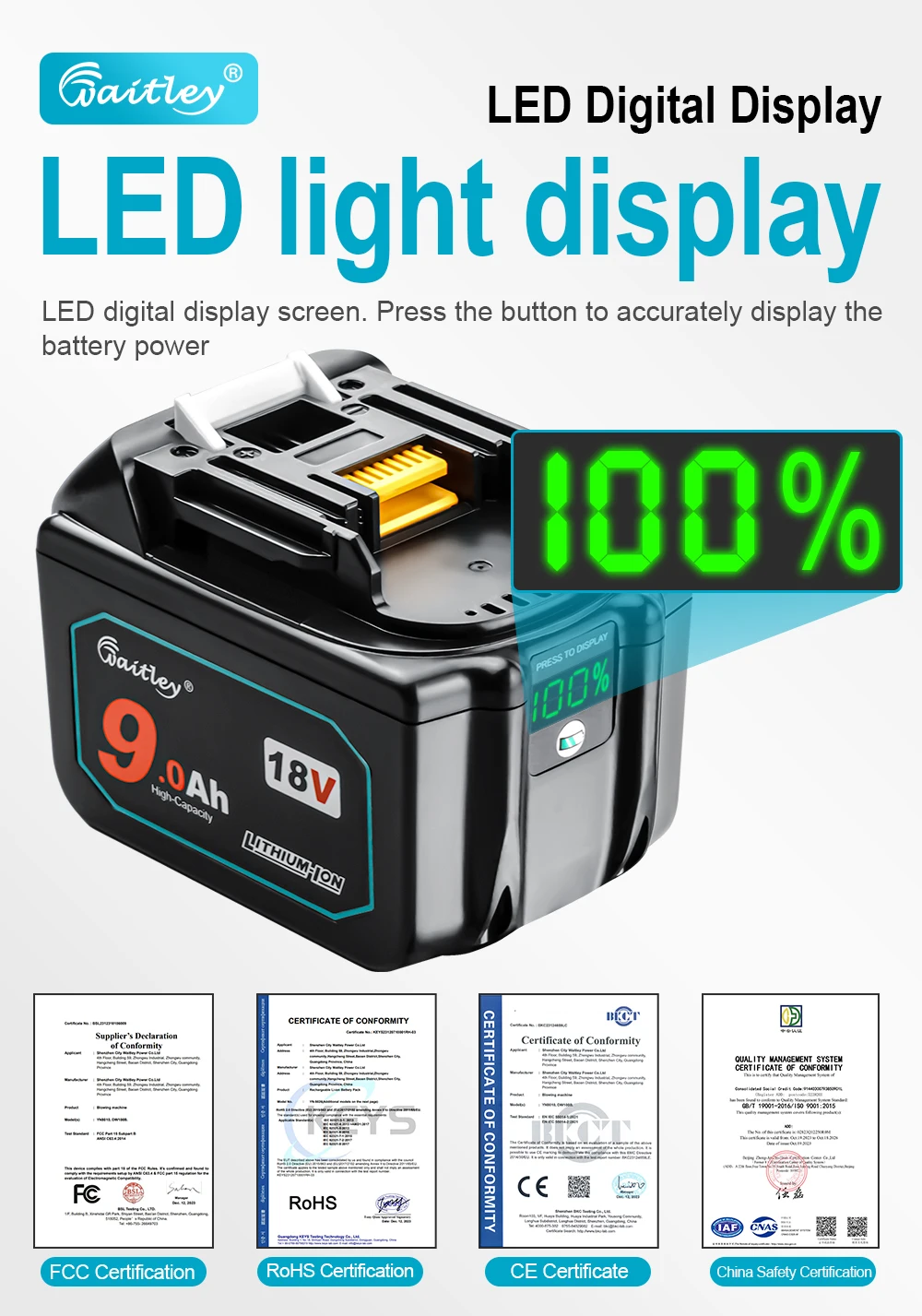 Waitley 18 V 9,0 Ah Akku für Makita Elektrowerkzeug Lithium-Ionen-Ersatz 18 Volt 9000 mAh 18 V 9 A BL1890 BL1840 BL1850 BL1860 – Detail 9