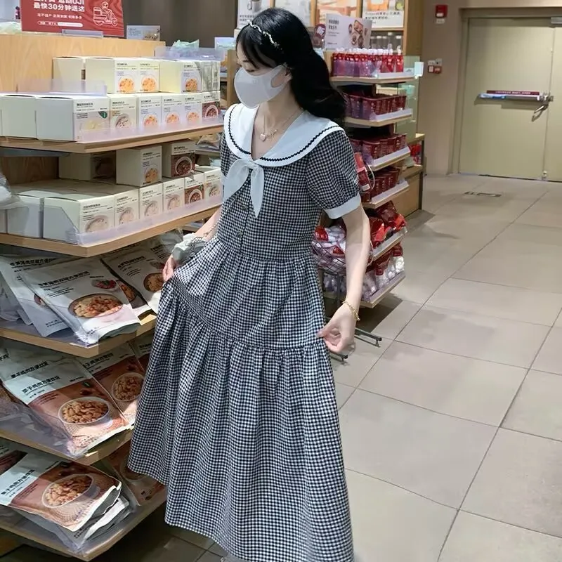 かわいいガールドレスルーズプラスサイズ学生カレッジスタイルガール甘いネイビーカラーオーバーニードレス夏の新しい Y2k ドレス