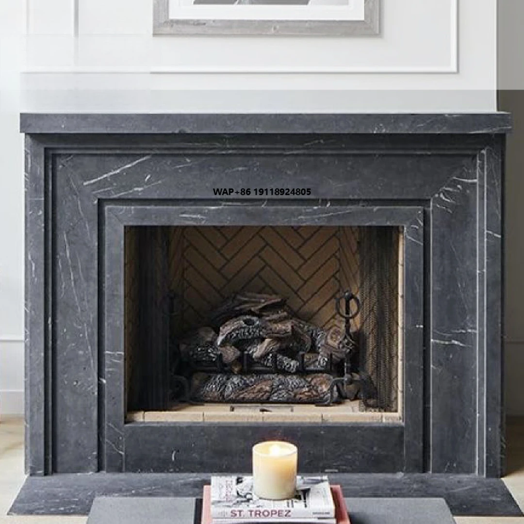 Natural Marble Fireplace-Modern Polished Black with Graphic Design for Villa Hotel Use