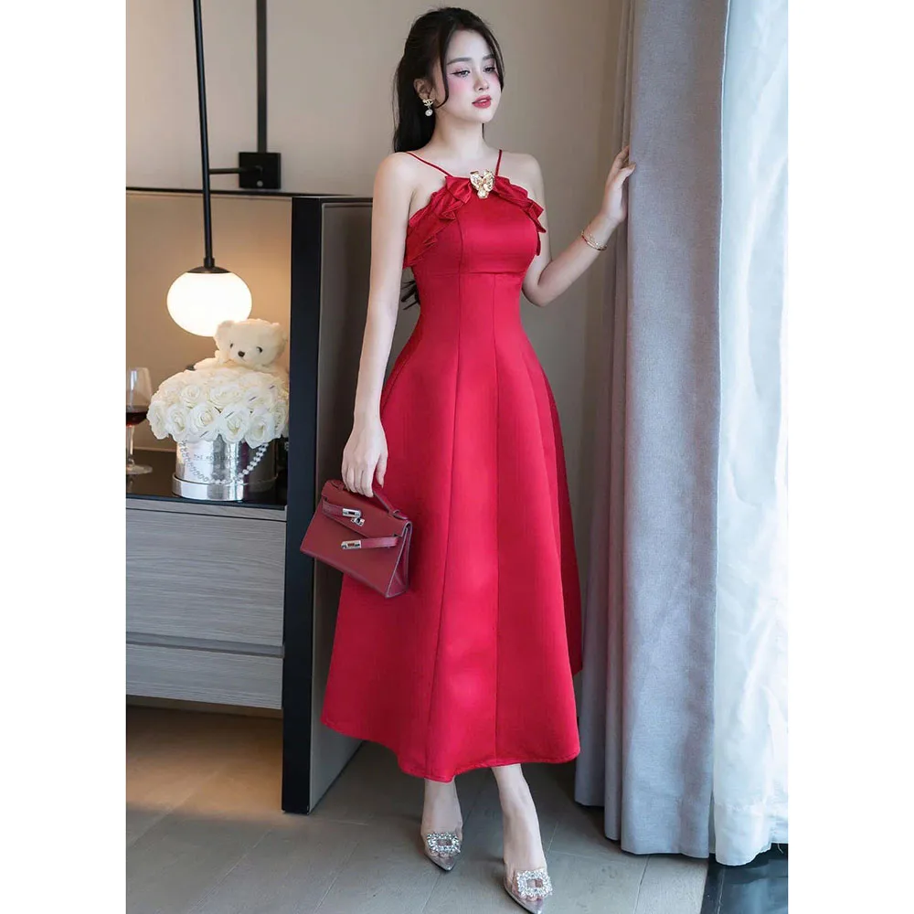 

Red Prom Party Dresses Women Spaghetti Strap Sleeveless A Line Banquet Celebrity Ankle Length Female Gowns Pretty Classic