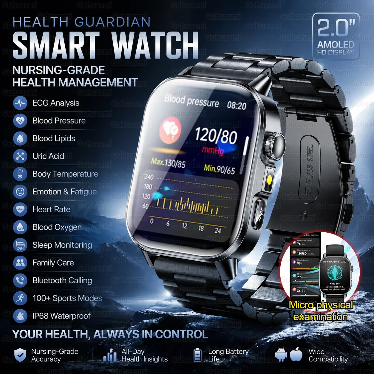 

2.0" HD AMOLED Health Guardian Smart Watch ECG Blood Pressure Lipid Uric Acid Bluetooth Call IP68 Waterproof Smartwatch For Men