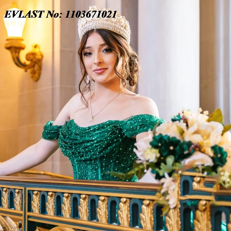 EVLAST Glitter Dark Green Quinnceanera Dress Ball Gown Shiny Applique Beaded Mexican Corset Sweet 16 Vestidos De 15 Anos SQ546