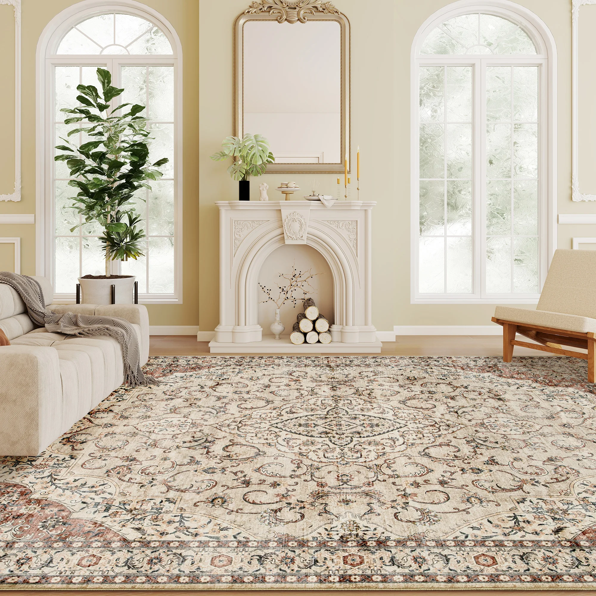 Machine Washable Area Rug, 4x6 Vintage Oriental Medallion Distressed Rugs Soft Printed Floor Mat, Mixed-Brown