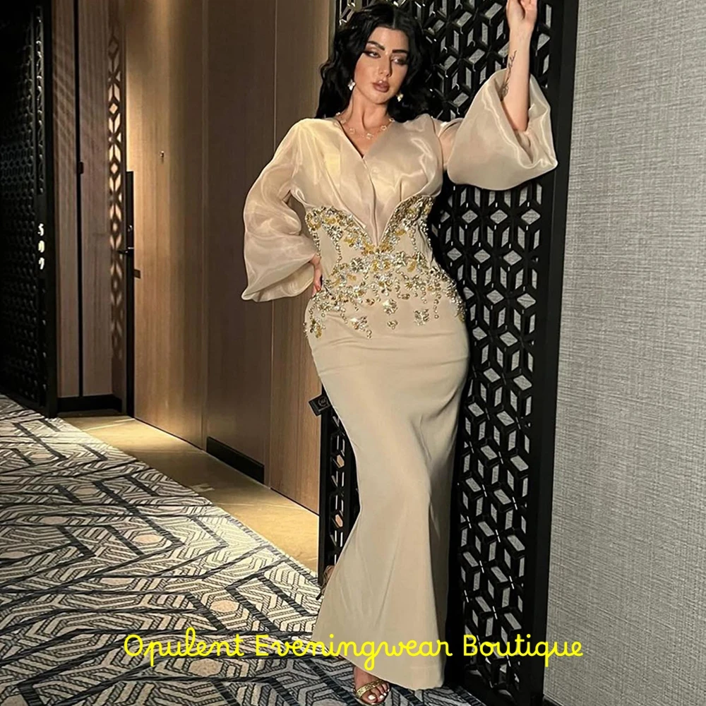 Exquisite V-Neck Jersey Evening Dress Fashion Long Sleeves Mermaid Party Dresses Delicate Appliques Customized Celebrity Gowns