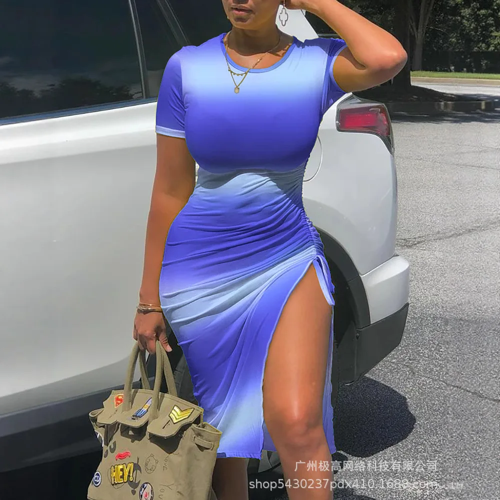 Vestido de verano informal ajustado de manga corta con cordón y cambio Gradual estampado para mujer