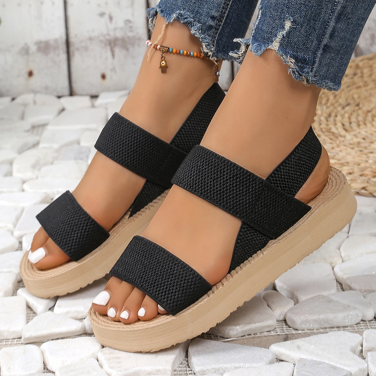

Concise Elastic Band Sandals Woman Summer Casual Thick Sole Slip-on Strap Sandalias Ladies Platform Beach Shoes Minimalist