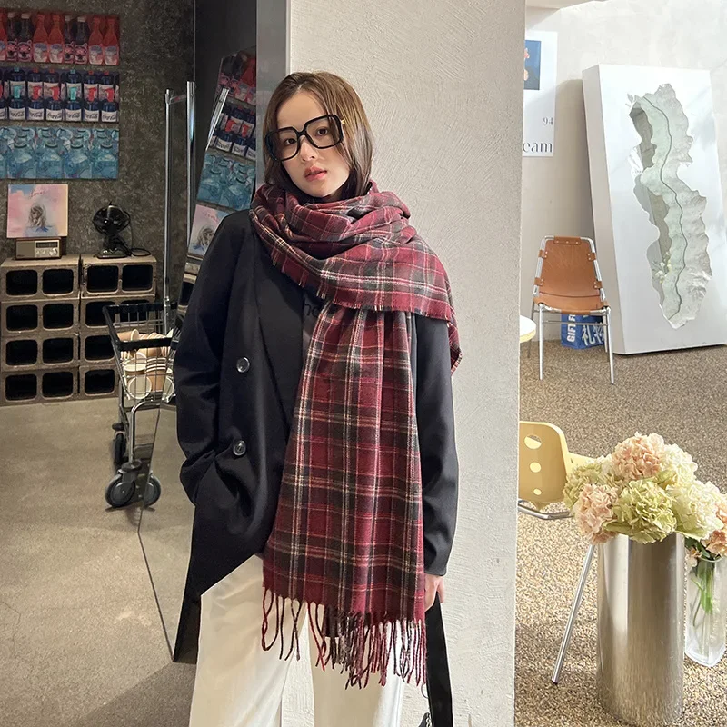 Fashion Sweet Vintage Scarf New Year Red Check Scarf Korean Shawl Winter Thickened Warm Cashmere Female Male Wrap Shawl