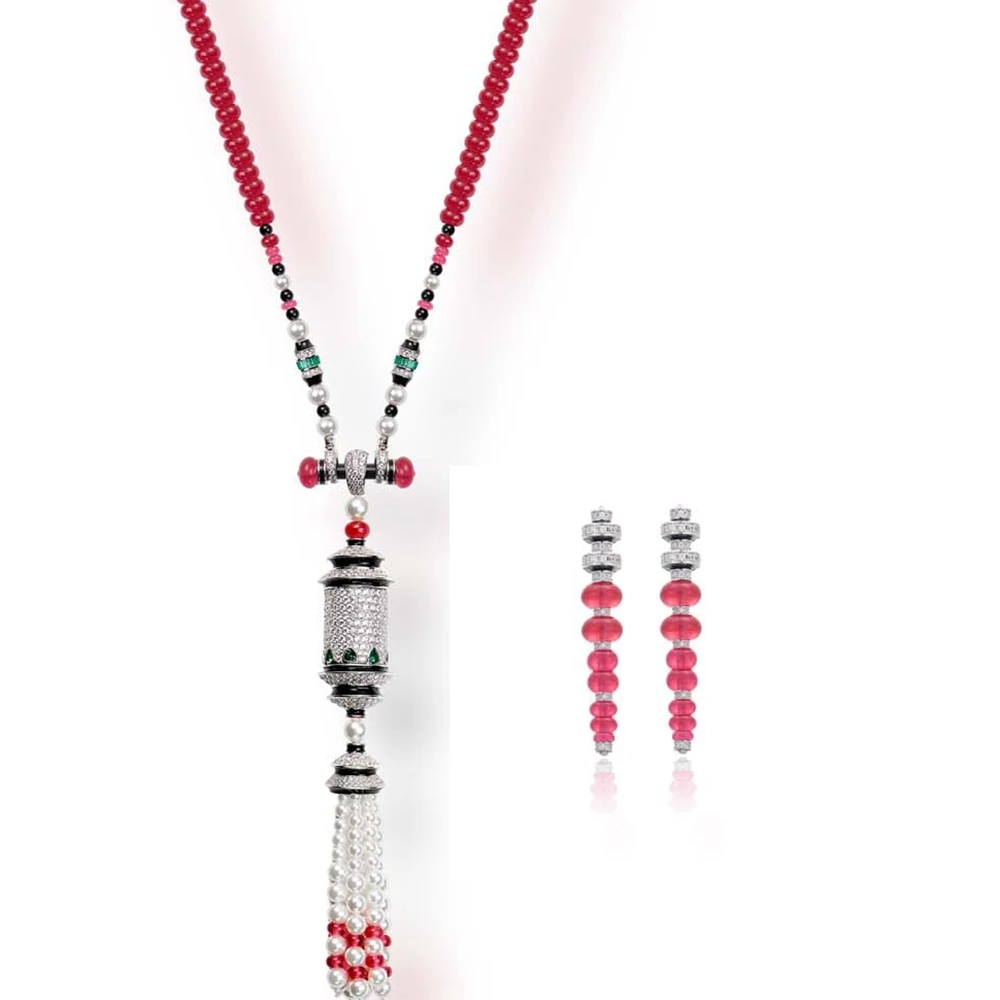 Black Enamel Red Agate Green Zircon White Pearl Tassel Pendant Long Bead Chain Necklaces Earrings Luxury Designer Jewelry Sets