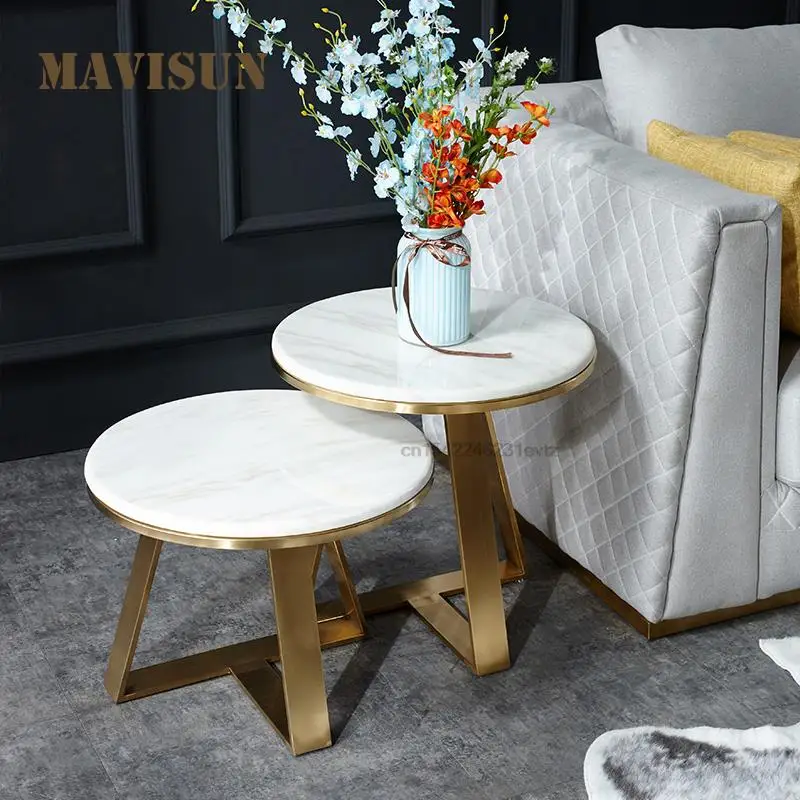 Golden Service Small Sofa Side Table Modern Luxury A Set Of 2 Mini Marble Round Desk For Coffee Shop Gold Plated Stainless Steel