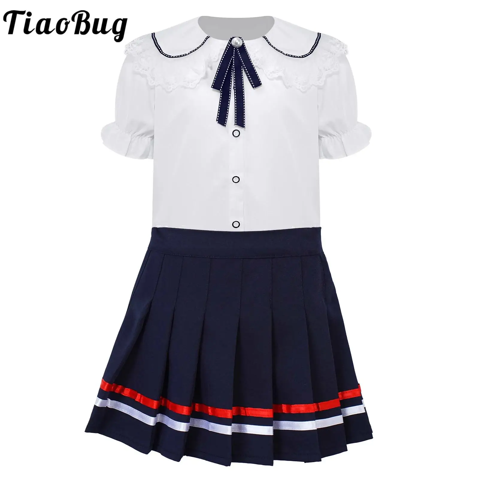 

Kids Girls School Uniform Puff Sleeve Lace Trim Collar Bowknot Blouse Tops Shirt Pleated Skirt Wedding Birthday Party Costume