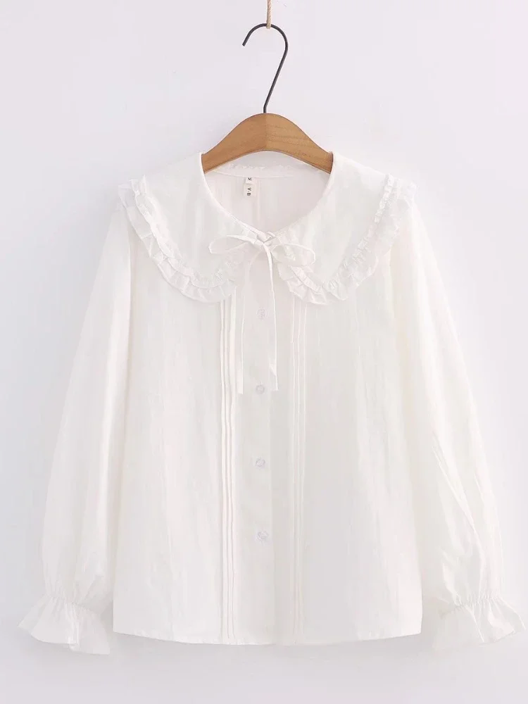 High Quality Women White Cotton Shirt Long Sleeve Peter Pan Collar Pink Bowknot Chiffon Blouse  JK School Uniform Top