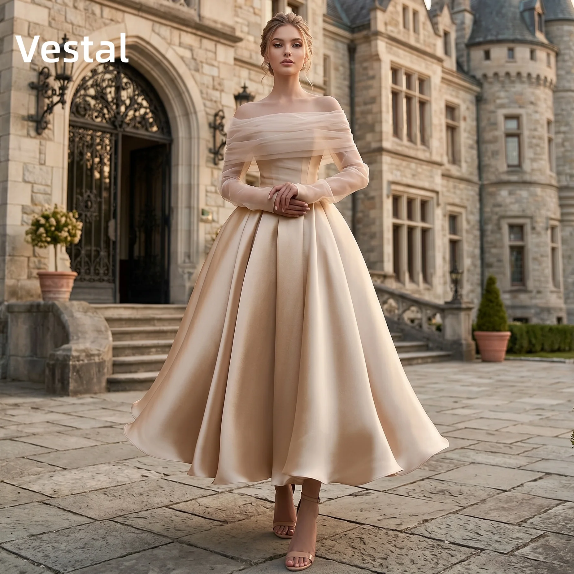 

Champagne Off Shoulder A Line Prom Dress Long Tulle Sleeve Satin Ankle Length Formal Evening Party Gown Customized