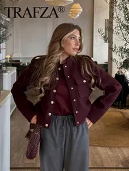 TRAFZA Cappotto vintage da donna rosso vino O collo manica lunga giacca monopetto con tasche Capispalla casual da donna da ufficio autunnale